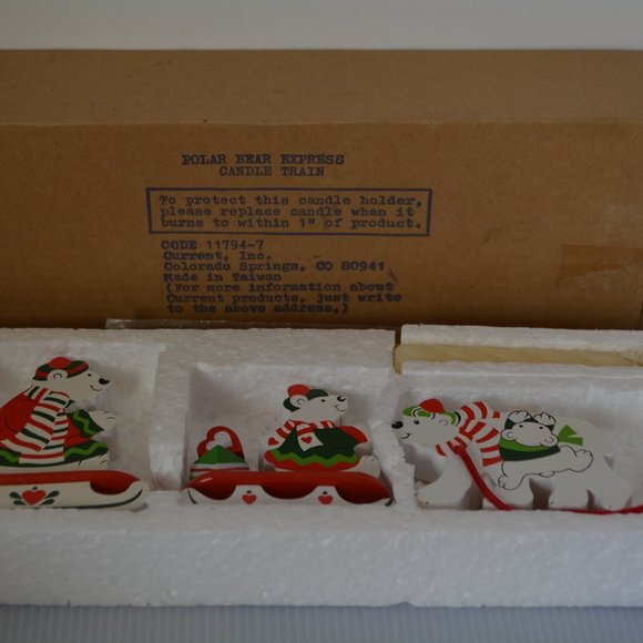 VTG Christmas Polar Bear Express Candle Train Wooden Painted Set Taiwan Decor - Picture 2 of 7